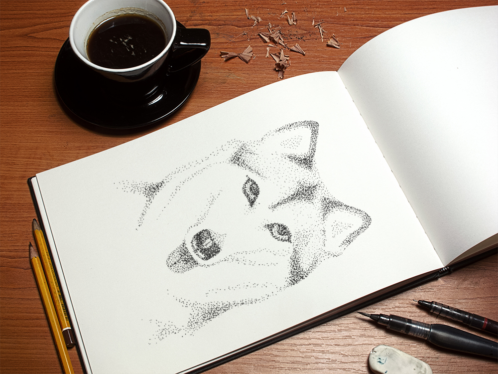 Sketch of a husky dog with pen